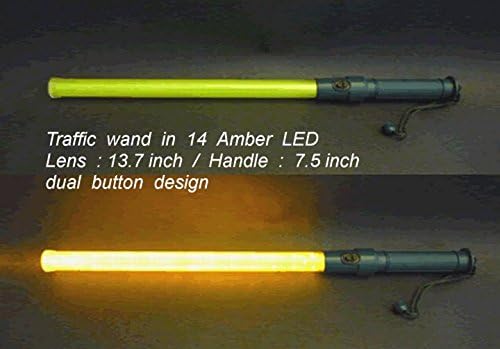 Traffic Safety LED Baton Light, 21.3 inch LED Wand in 14 Amber LED with two flashing modes (blinking and steady-glow), matte green handle with dual button, using 2 C-size Batteries (Not included)