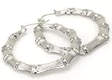Large 2 Silver Tone Bamboo Hoop Earrings Pin Catch