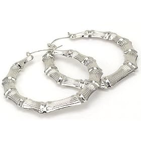 Large 2 Silver Tone Bamboo Hoop Earrings Pin Catch