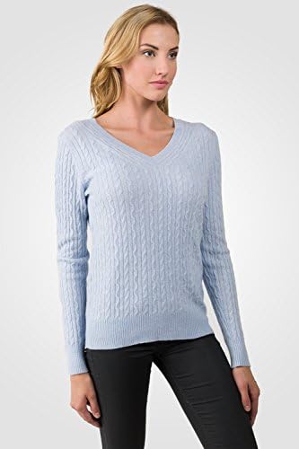 J CASHMERE Women's 100% Cashmere Long Sleeve Pullover Cable-knit V-neck Sweater Sky Heather X-large