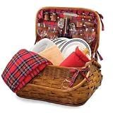 Picnic Time Highlander 21in. Rattan  Bamboo Basket w/ Deluxe Service For 4 (Red Tartan)