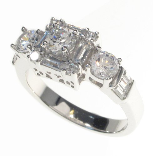 Childrens Toyshop  Jewelry : SilverBin Sterling Silver Engagement Style Side Stone Set CZ Ring with Baguette CZ Accents