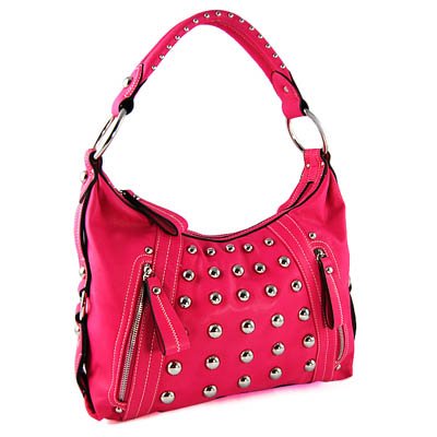 Metal Studded Faux Leather Double Zippers Hobo Handbag Purse