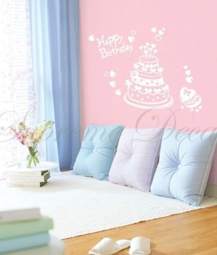 Custom PopDecals - Happy Birthday Cake - Beautiful Tree Wall Decals for Kids Rooms Teen Girls Boys Wallpaper Murals Sticker Wall Stickers Nursery Decor Nursery Decals