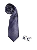 SILVIO SILVANI Pack Corbata Azul Marino Con Topos Celeste + Gemelos Con Esmalte Azul Marino