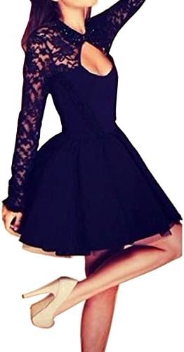 Women's Lace Open Back Long Sleeve Backless Evening Party Mini Skater Dress