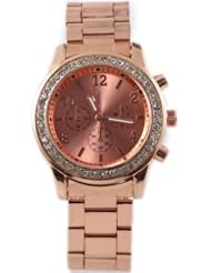 Sotijobs Classic Three Circles Stainless Steel Band Ladies Rhinestones Wrist Watch Rose Golden