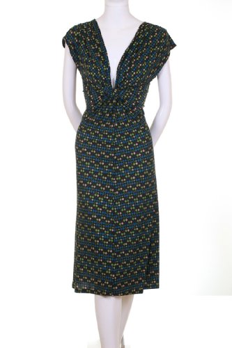 Jully Kang Sleeveless Ruched Shoulders Twisted Knot Plunging Neckline Small Hexagon Print Maxi Long Dress Blue Green Black