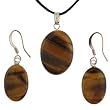 Tiger Eye Oval Shaped Pendant and Earrings Set - 15x22mm Pendant, 12x18mm Earrings - Adjustable Cord Necklace
