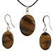 Tiger Eye Oval Shaped Pendant and Earrings Set - 15x22mm Pendant, 12x18mm Earrings - Adjustable Cord Necklace