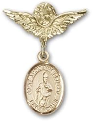14K Gold Baby Badge with St. Augustine of Hippo Charm and Angel with Wings Badge Pin