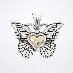 Butterfly with Heart Pendant in Sterling Silver and 14kt Gold, #8269
