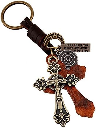 YYfashion Unisex Vintage Punk Style Alloy Latin Cross Brown Leather Charm Keyrings