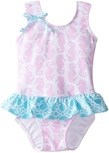 Flap Happy Baby Girls' Serena Contrast Swimsuit with Contrast Ruffle Skirt, Seahorse Parade, 12 Months