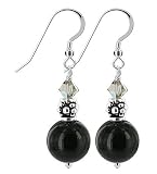 Black Onyx Clear AB Swarovski Crystal Sterling Silver Bali Beads French Hook Dangle Earrings