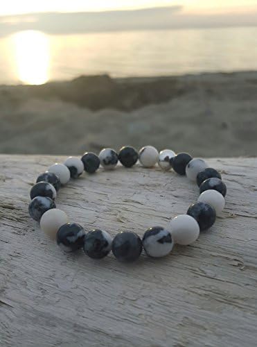 Zebra Jasper: Strength; Black &amp; White Healing Gemstone Elastic Stretch Beaded Wrist Mala Bracelet; Yoga, Meditation Bracelet; 8mm beads