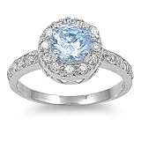 Rhodium Plated Sterling Silver 6mm Aquamarine CZ Ring (Size 4 - 10)