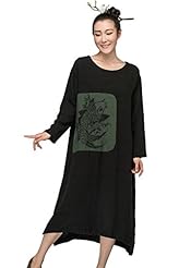 Applique Round Neck Linen Long Sleeves  Dress