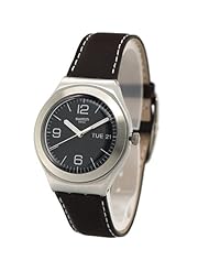 Swatch YGS764 brown sand black dial brown leather band unisex watch NEW