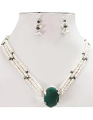 Exclusive 3 Strands Natural Beautiful Emerald & Pearl Beaded Necklace with 925 Sterling Silver Oval Emerald Clasp + Free Earrings