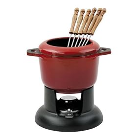 Chasseur Cast Iron Traditional Fondue Set with Removable Rim & 6 Forks Red