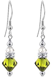 925 Sterling Silver Green and Clear Handmade Dangle Earrings Made with Swarovski Crystal Elements