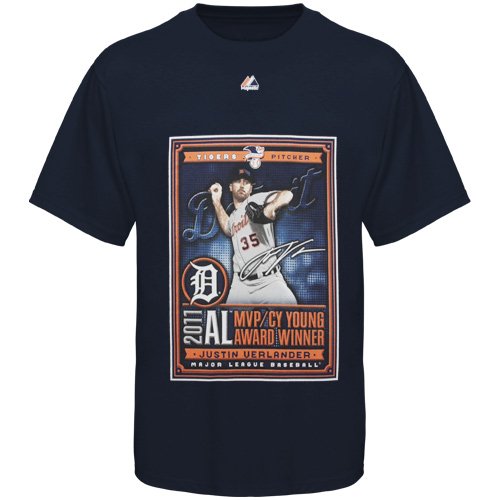 Majestic Justin Verlander Detroit Tigers 2011 MVP Cy Young T-Shirt - Navy Blue (Medium)
