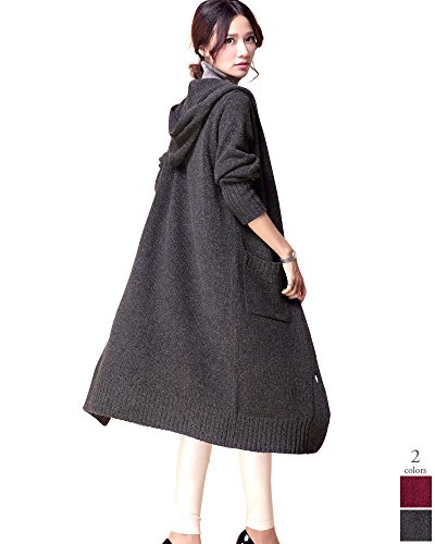 Spargel 大人 の 上質 柔らか ウール フード 付き ロング ニット カーディガン レディース シンプル 無地 長袖 パーカー フーディ チャコール グレー ワイン レッド えんじ S M L 2L 3L 大きい ゆったり サイズ