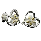925 Silver Plumeria In Heart Stud Earrings Hawaiian Jewelry