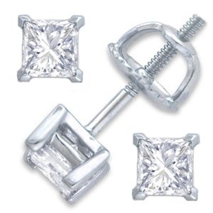 Cubic Zirconia Princess Stud Earrings. 2.0 Carat Total Weight. High Quality White Gold