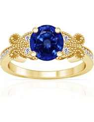 14K Yellow Gold Round Cut Blue Sapphire Ring With Sidestones (GIA Certificate)