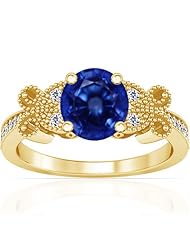 18K Yellow Gold Round Cut Blue Sapphire Ring With Sidestones (GIA Certificate)