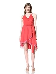 High-Low-Hem Chiffon/Silk Halter Spaghetti Strap Flowy Wrap Belted Elasticized   Waistline  Dress