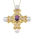 14K Yellow Gold Amethyst, Pearl and Diamond Cross Pendant