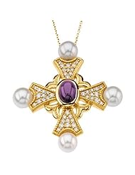 14K Yellow Gold Amethyst, Pearl and Diamond Cross Pendant -- LIFETIME WARRANTY