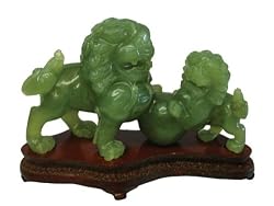 Genuine jade, hand carved fu dog with cub, fitted wood stand included