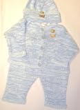 Knitted on Hand Knitting Machine Finished By Hand Crochet Blue Chenille Denim Cotton Tweed Infant Boys Outfit Cardigan Pant Hat Set Trimmed with Teddy Bear Patch and Matching Blanket