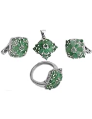 Faceted Emerald Pendant with Earrings and Ring Set - Sterling Silver