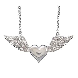 16 Inch Rhodium Plated Heart with CZ Wings Necklace