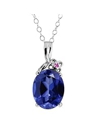 3.37 Ct Oval Blue Created Sapphire Pink Sapphire 18K White Gold Pendant