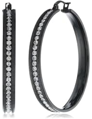 Stainless Steel Ion-Plated Black Simulated Diamonds with Glitter Edge Hoop Earrings
