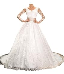 V-neck Natural   Waistline Long Sleeves Lace-Up Vintage Satin   Ball Gown  Dress
