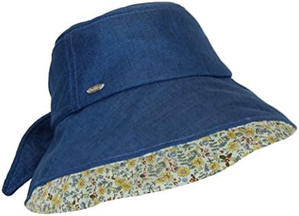 Blue Wide Brim Lined Bucket Sun Hat w/ Bow, Packable and Crushable, UPF 50+
