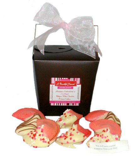 Belgian White Chocolate Dipped Valentines Fortune Cookies In Brown Container by A Bountiful Harvest
