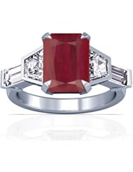 18K White Gold Emerald Cut Ruby Ring With Sidestones