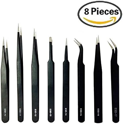 WELOYA 8 Pieces Precision Anti-static ESD Tweezers Stainless Steel Forceps for Electronics, Jewelry-making, Nail, Laboratory Work