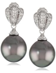 10k White Gold 8.5-9mm Tahitian Cultured Pearl and Diamond Earrings (0.1 cttw, G-H Color, I2-I3 Clarity)
