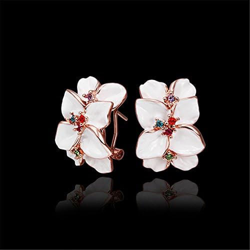 Handcrafted Rose Gold Resin Color Simulated Coral white Flower Shaped Rhinestone Crystal Earring Studs,