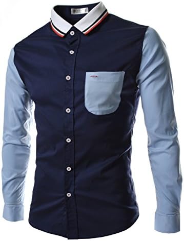 Free2mys Men's Patchwork Long Sleeve Slim Fit Shirt (Royal Blue, Label Size XXL/US M)
