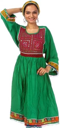 Designer Clothes : Exotic India Islamic-Green Flaired Suit from Afghanistan with Threadwork and Mirrors on Neck - Green Cheap